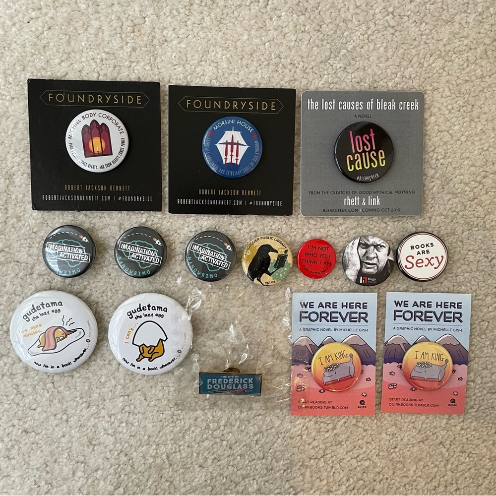 Collection of Assorted Literary-Themed Pin Buttons (15)